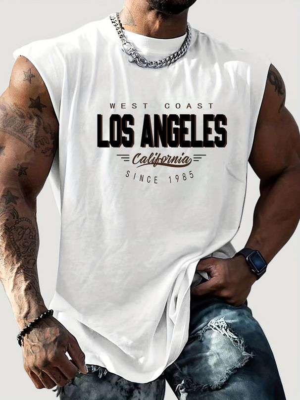 100% Pure Cotton Men's Summer Casual Sports Fitness Loose Los Angeles Letter Pattern Printed Breathable Round Neck Sleeveless Vest_viptrois.com