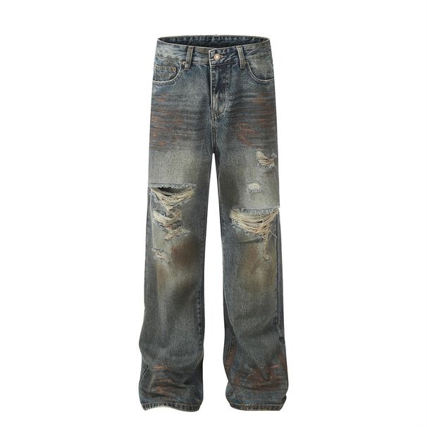 Heavy-Duty Distressed Dirty Jeans For Men Punk Wasteland Vintage Spray Paint Design Niche Loose Straight-Leg Trousers_viptrois.com