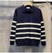Long Sleeved Knitted Sweater Men's V-neck Lapel Striped_viptrois.com