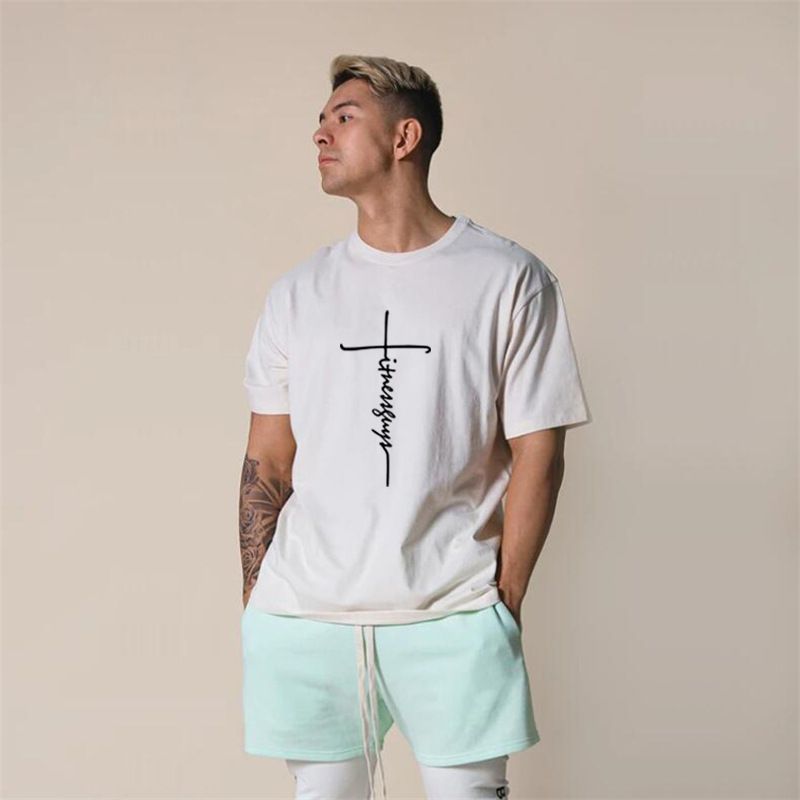 Fitness Pure Cotton T-shirt Men's 240g Heavy Short Sleeves, Men's Crew Neck Loose Plus Size Top Casual Sweat Absorption_viptrois.com
