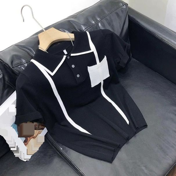 Summer Knitted Lapel Short Sleeved T Shirt Men's 25 New Korean Style Trend Contrast Color Fashion Trend Ice Silk Polo Shirt_viptrois.com