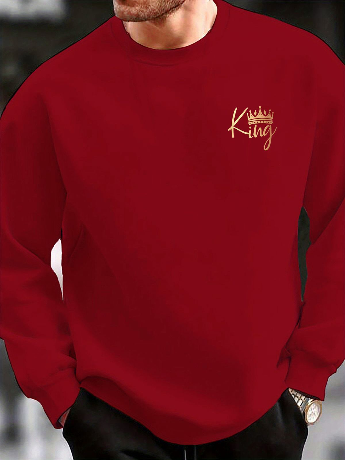 Men's Loose Casual Fashionable Classic KING Letter Pattern Printed Round Neck Long Sleeved Sweatshirt Suitable For Autumn And Winter Wear_viptrois.com