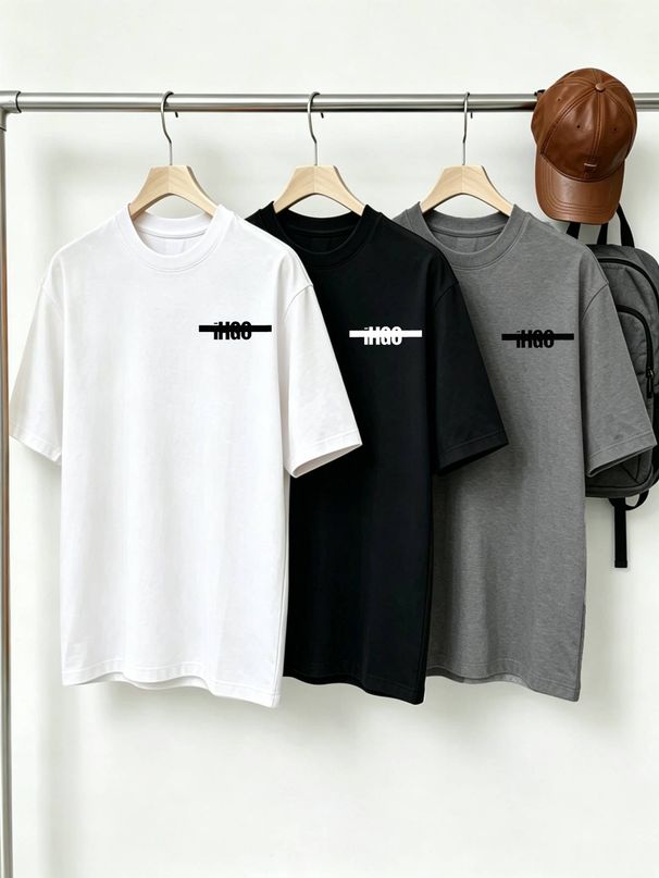 100% Cotton Men's 3-Pack T-shirts Minimalist IIGO Crossed Line Text Print Crew Neck Short Sleeve Casual Tops In Black White Gray_viptrois.com