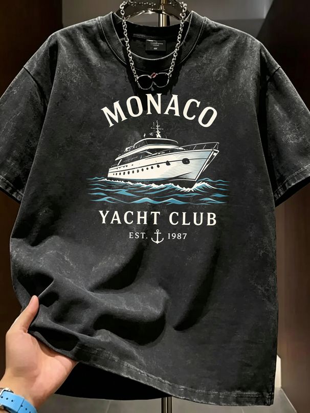 Summer New Washed Short-sleeved T-shirt, Men's Retro Monaco Yacht Club 1987 Anchor Print Youth Loose Casual Street Tee_viptrois.com
