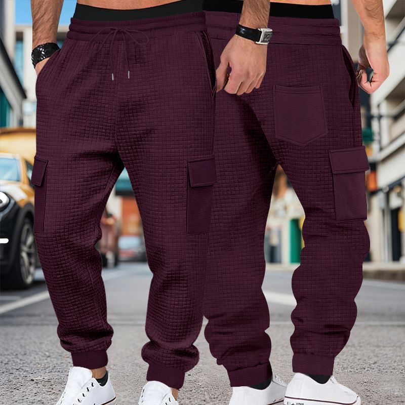 Men’s Heavyweight Jacquard Checkered Workwear Pants – Relaxed Fit Utility Trousers With Drawstring Waist (95% Polyester)_viptrois.com