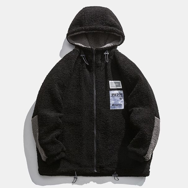 Color Block Fleece Couple Jacket Autumn Winter New Lamb Wool Thickened Cotton Coat Hooded Casual Loose Fit Men_viptrois.com