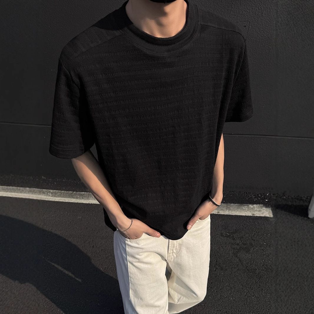 Men's Clothing Texture Jacquard Round Neck Short Sleeved T Shirt Trendy Loose Couple Half Sleeved Tops_viptrois.com