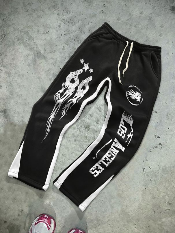 Men's Clothing Fashion Brand European And American Fashion Flame Letters Casual Fashion Slightly Elastic Fabric Flared Pants Fashionable And Versatile_viptrois.com