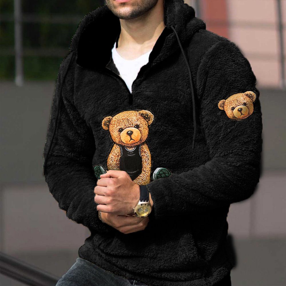 Couple Personalized Teddy Bear Warm Men's Lamb Wool Hoodie Pullover Zipper Half-cardigan Sweatshirt Winter Style_viptrois.com