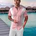Men's Clothing Thin Breathable Beach Leisure Printed Striped Short Sleeved Shirt_viptrois.com