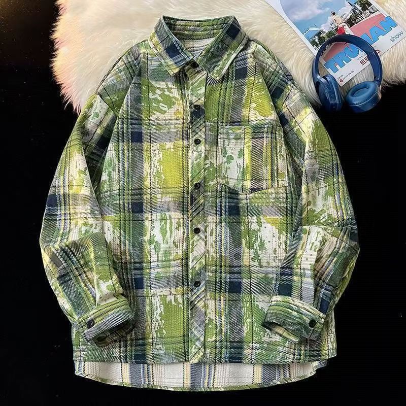 Retro Ink Tie Dye Checkered Shirt Men's Loose Casual Shirt Jacket Top_viptrois.com