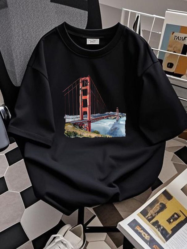 Golden Gate Bridge T Shirt Designer Clothes Casual Unisex Soft Homme Top For Everyday Wear Comfortable Streetwear Versatile Graphic Summer Stylish_viptrois.com