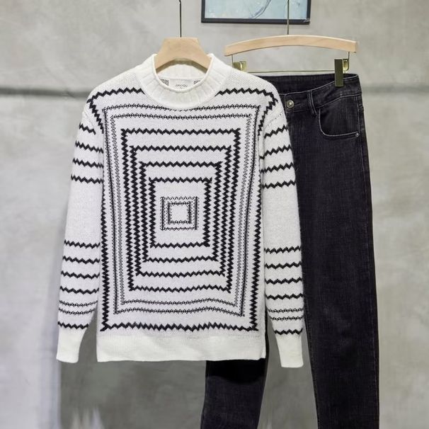 Half High Neck Sweater Men's Autumn And Winter Warm Casual Base Shirt Square Jacquard Knit Sweater_viptrois.com