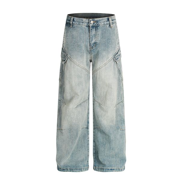 Washed Vintage Workwear Jeans For Men, Vibe Trendy Brand, High Street Pleated Design, Loose Wide-Leg Straight Pants_viptrois.com