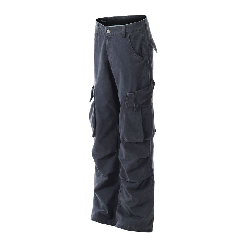 Men's Clothing Straight Washed Distressed Pleated Multi Pocket Logging Casual Pants For Men And Women_viptrois.com