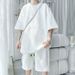 Men's Clothing Pattern Short Sleeved T Shirt Waffle Knit Short Sleeve T-Shirt & Shorts Set – Oversize Unisex Casual Outfit, Trendy & Comfortable_viptrois.com