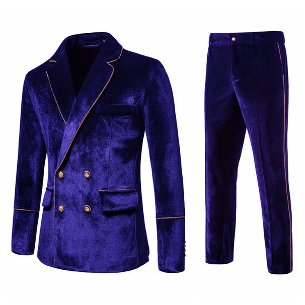 Men's Clothing autumn and winter new men's high end velvet gold rimmed double breasted suit dress performance suit men_viptrois.com