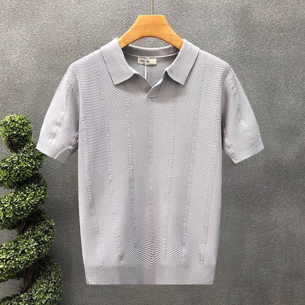 Men's Clothing Light Mature Style Ice Silk Knitted T Shirt Men's Summer Thin Breathable Short Sleeved Polo Shirt Loose Half Sleeved Top_viptrois.com