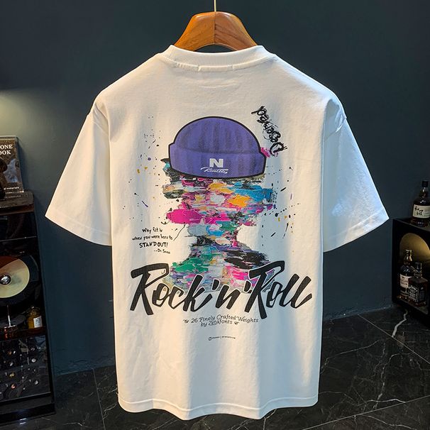 Men's Clothing Short Sleeved Ins Pure Cotton Tops Summer Men's Printed T Shirts Trendy Men And Women All Match Round Neck T Shirt Men_viptrois.com
