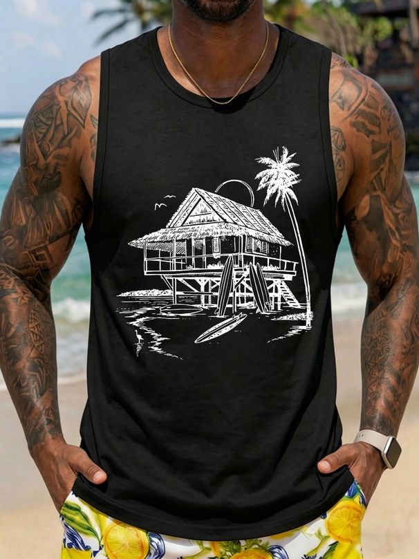 Canotta Uomo Girocollo 100% Cotone Stampa Vacanze Spiaggia Morbida Traspirante Senza Maniche Uso Quotidiano Estivo Multicolore_viptrois.com