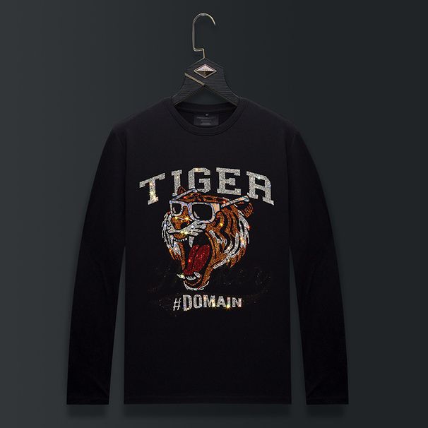 Men's Clothing Long Sleeved T Shirt With Hot Diamond Tiger Head Autumn Slim Fit Large Size Inner Wear Heavy Bottoming Shirt_viptrois.com