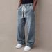 Men's Straight Leg Jeans Drawstring Elastic Waist Loose Fit Trendy Casual Trousers Wide Leg Version_viptrois.com
