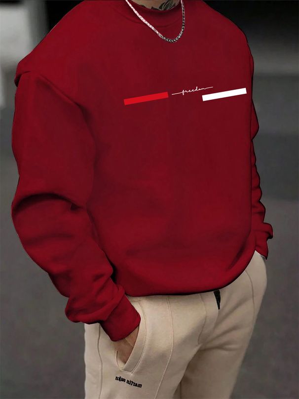 Men's Loose Casual Fashionable Freedom Letter Pattern Printed Round Neck Long Sleeved Sweatshirt Suitable For Autumn And Winter Wear_viptrois.com