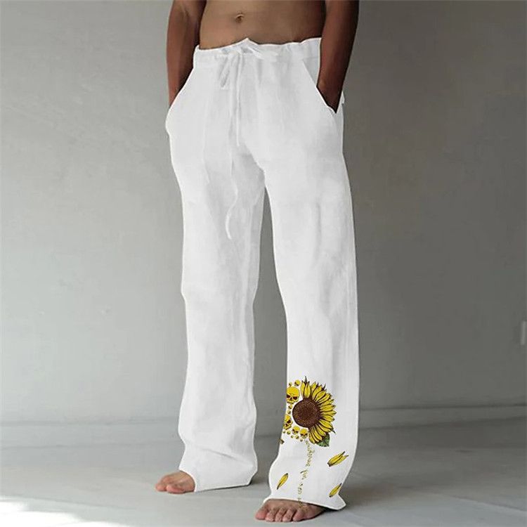 Men's Clothing New Mid Waist Printed Loose Casual Cotton And Linen Trousers_viptrois.com