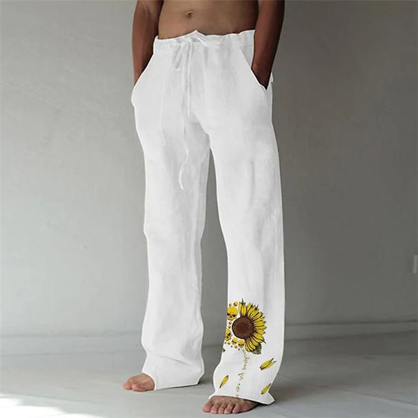 Men's Clothing New Mid Waist Printed Loose Casual Cotton And Linen Trousers_viptrois.com