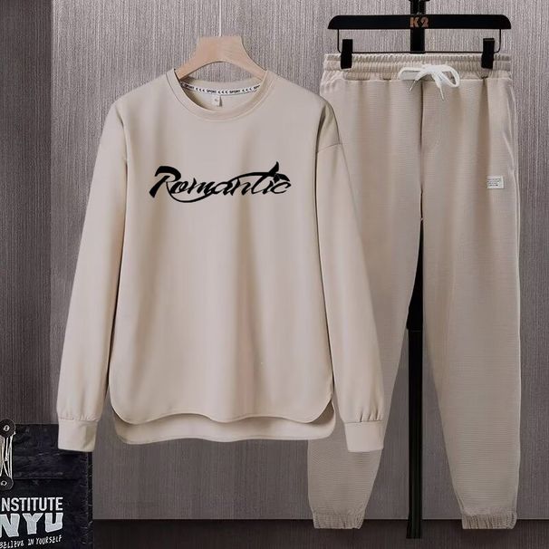 Men's Casual Sportswear Set - Long Sleeve T-Shirt & Jogger Pants, Lightweight Polyester Comfort Fit For Fall (White/Beige/Brown/Gray, M-3XL)_viptrois.com