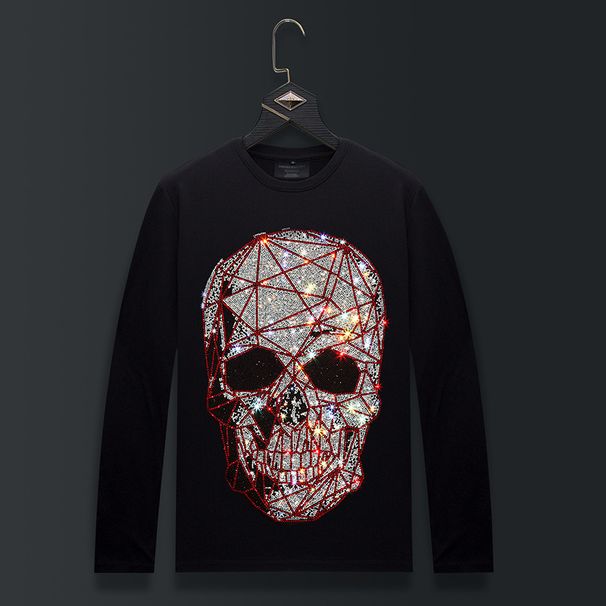 Men's Clothing T Shirt Long Sleeve Hot Diamond Skull Round Neck Spring And Autumn Trend Slim Bottoming Shirt Autumn Clothes Top T Shirt_viptrois.com