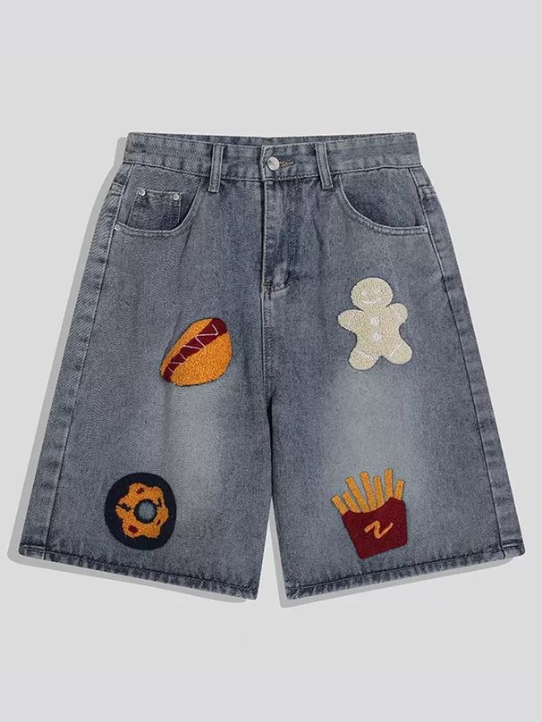 Men's Summer Loose Denim Shorts High Street Wide Leg Five Point Creative Design Embroidered Towel Trendy Brand_viptrois.com