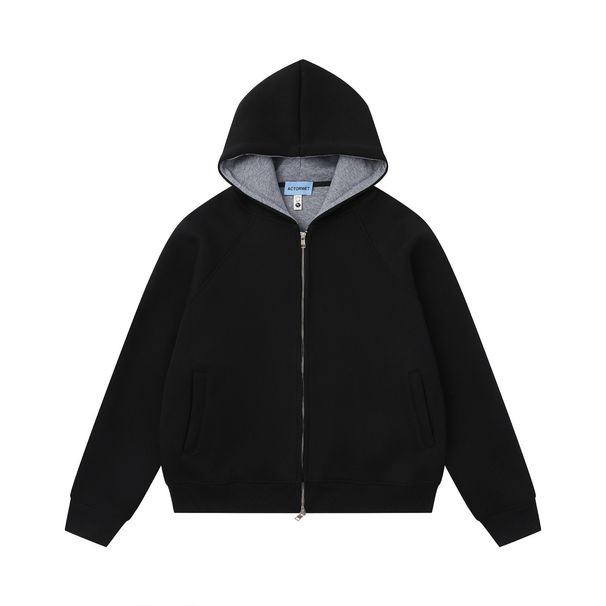 "Unisex Vintage Zip-Up Hoodie – Oversized Retro Streetwear With Ribbed Hem (Black/Grey)"_viptrois.com
