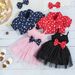 Kids’ Clothing Polka Dot Lapel Bubble Short Sleeved Jacket With Suspenders Bowknot Gauze Skirt Girls Three Piece Suit_viptrois.com
