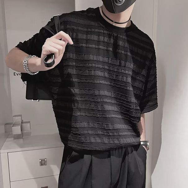 Men's Clothing Summer Design Wear New Cool Breathable Short Sleeved Men's Striped Hollow Stylist T Shirt Beach Travel Trend_viptrois.com