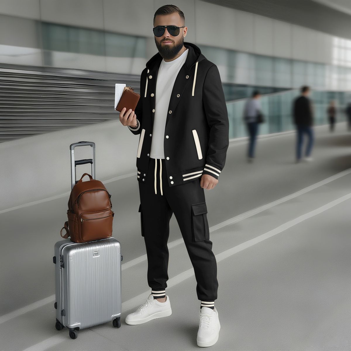 Men’s Twill Bomber Jacket & Work Pants Set – Heavyweight Hooded Zip-Up For Fall/Winter (Black/Grey/Navy, Streetwear-Ready)_viptrois.com