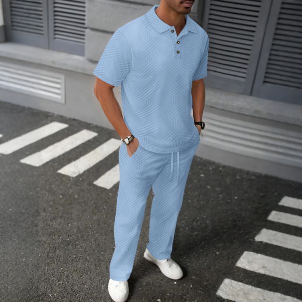 "Men's Jacquard Polo Shirt & Trousers Set – Breathable Summer Outfit, Classic Lapel & Short Sleeve Design"_viptrois.com