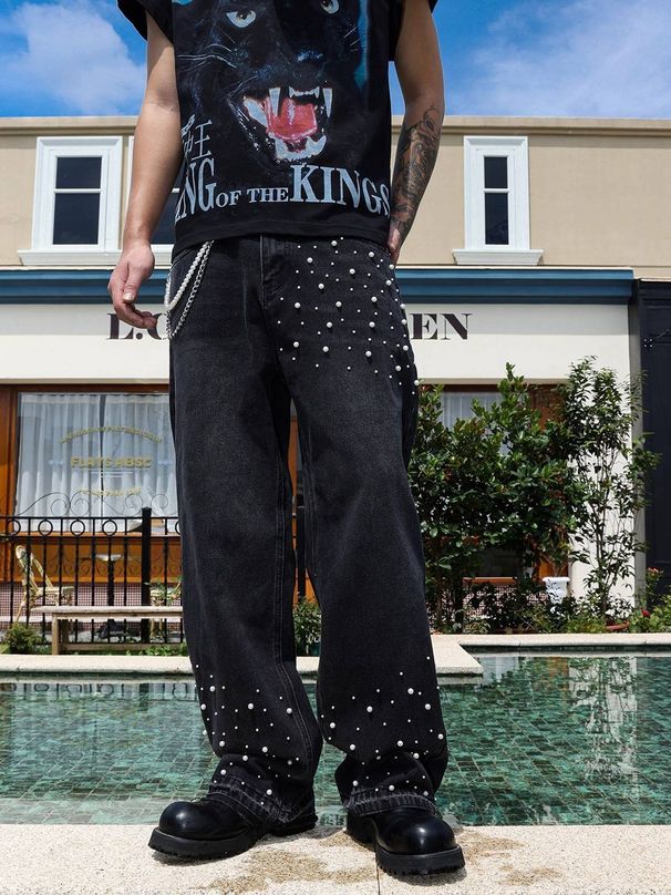Men's Clothing Blue Jeans Men's Slim Fit Pants Ripped Patch Pants Men's Distressed Trousers_viptrois.com
