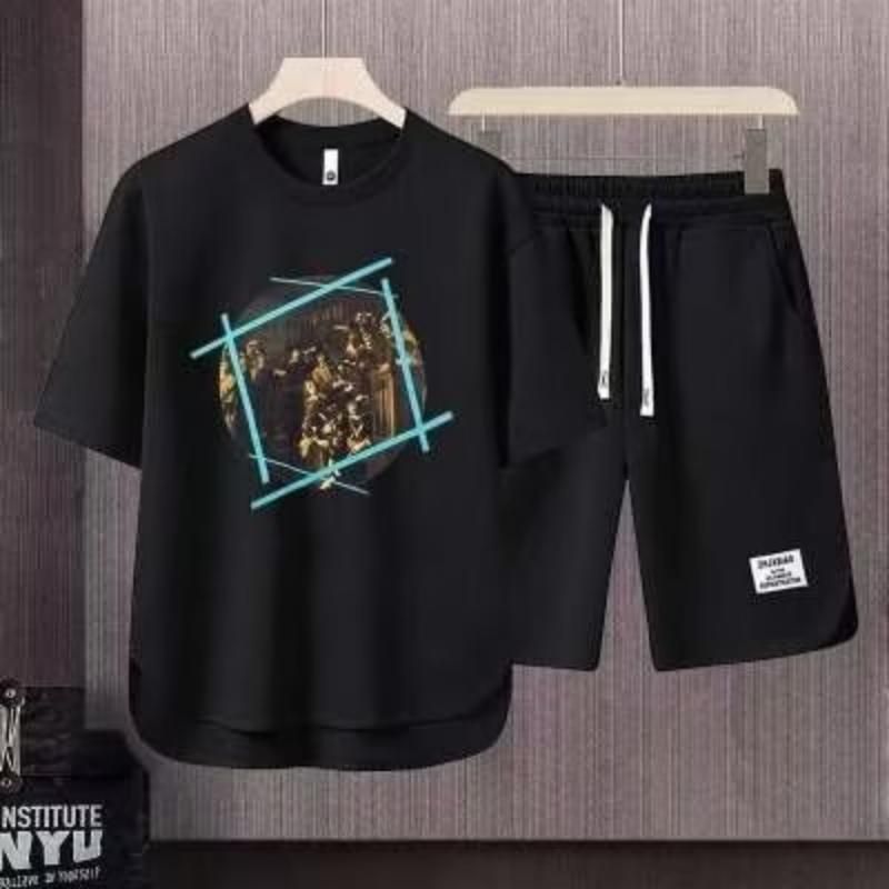Men's Clothing 2024 Waffle Casual Summer Suit Loose Teen Short sleeved T shirt Shorts Handsome Two piece Suit_viptrois.com