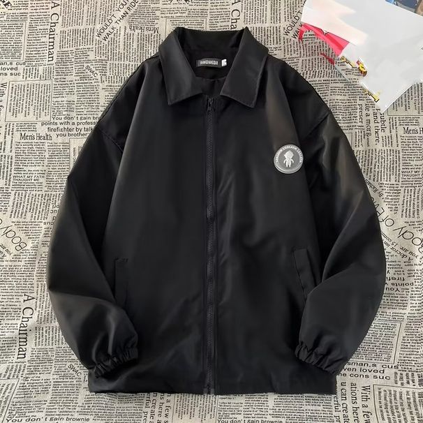 Unisex Casual Jacket – Korean-Inspired Oversized Workwear Coat, Stand Collar Zip-Up Outerwear (Black/Beige Wrinkle-Free Polyester Blend)_viptrois.com