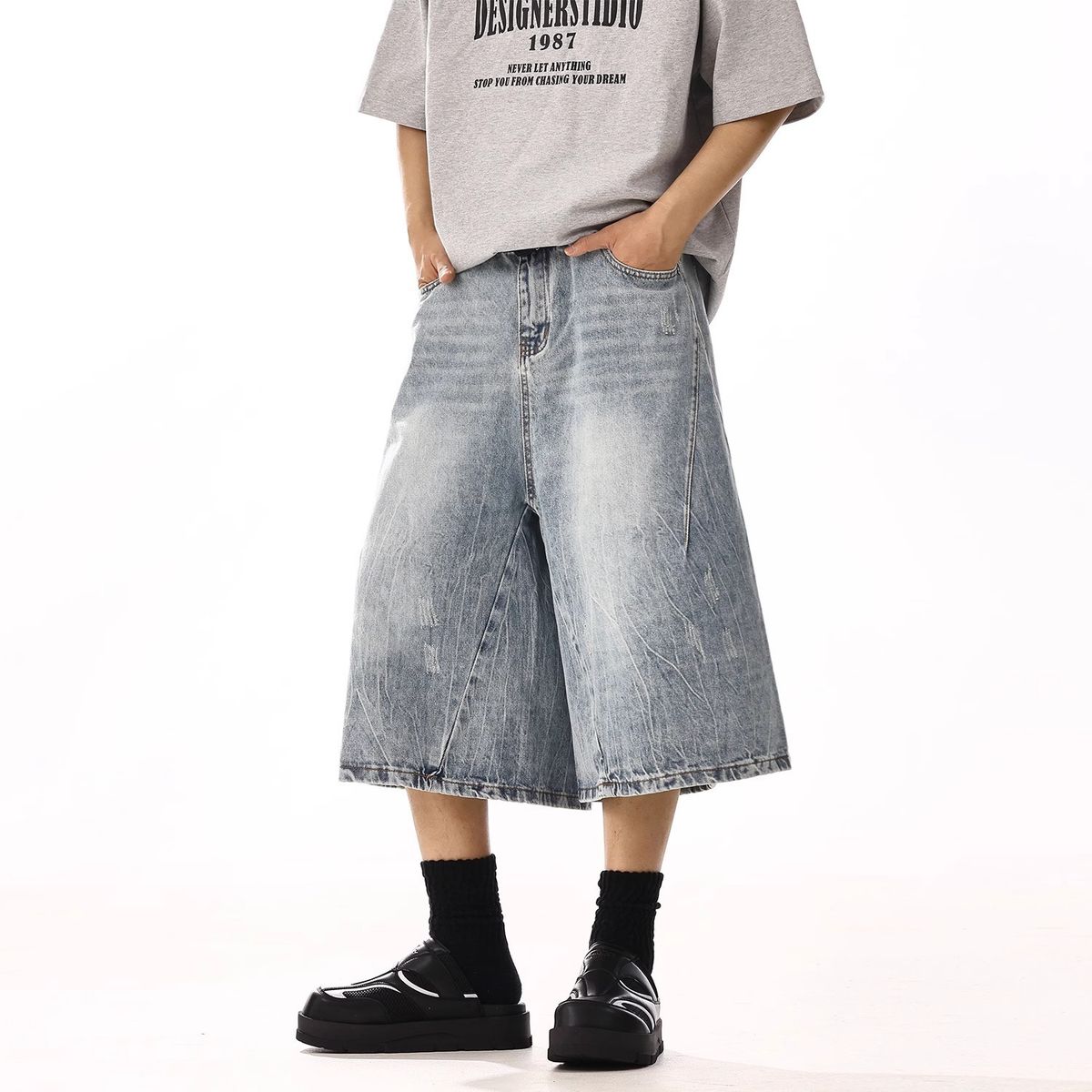 Men's Summer Cropped Straight Jeans Loose Casual Shorts Trendy Brand Fashion Washed Retro Style_viptrois.com