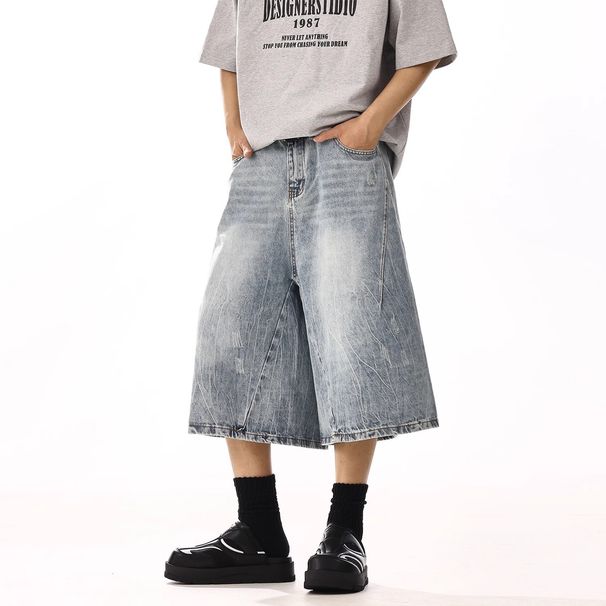 Men's Summer Cropped Straight Jeans Loose Casual Shorts Trendy Brand Fashion Washed Retro Style_viptrois.com