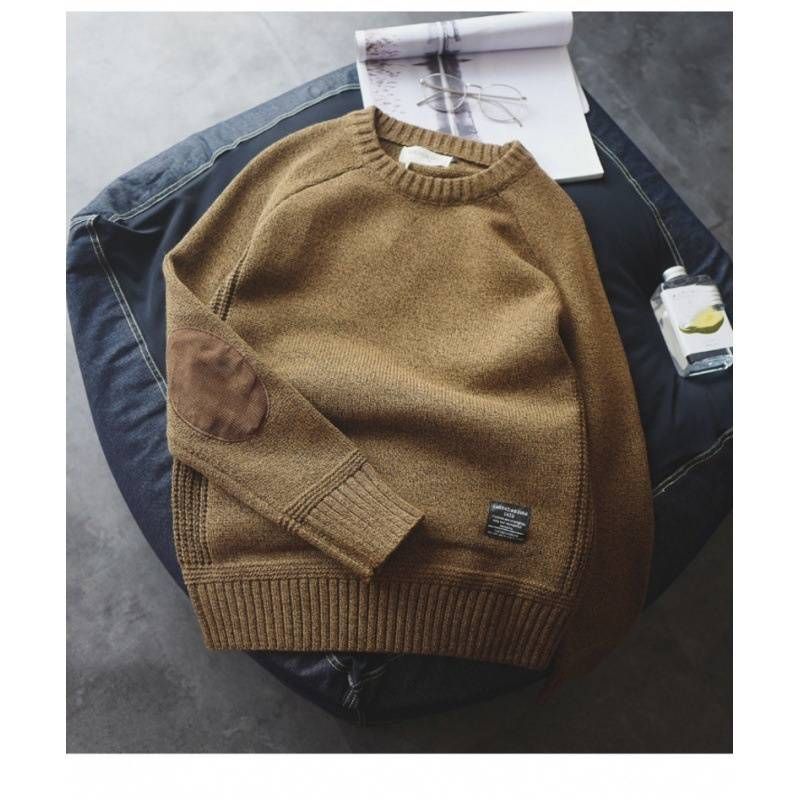 Men's Thick Knit Sweater With Patch Design - Trendy Loose Fit Crewneck Pullover For Winter & Spring - Machine Washable (Red, Khaki, Gray, Navy)_viptrois.com