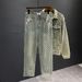 men's hong kong style patchwork denim jacket distred washed casual spring autumn midweight straight leg jeans two piece set_viptrois.com
