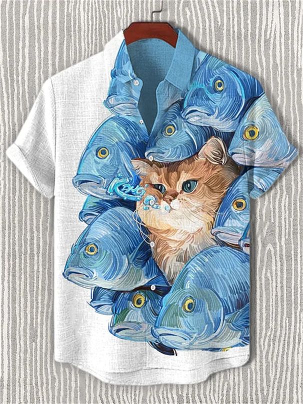 Camisa De Manga Corta Para Hombre Con Estampado De Gato Y Pez Azul, Diseño Con Cuello, Top Casual Para Hombre, Camisa Hawaiana De Playa Al Aire Libre._viptrois.com