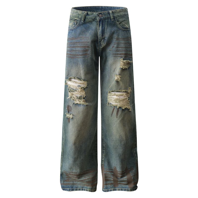 Men's Clothing High Street Ripped Jeans Men's Trendy Brand Handsome Street Retro Old Wide Leg Beggar Pants_viptrois.com