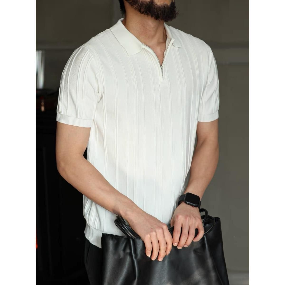 Zipper Polo Shirt Men's Short Sleeved Summer Knitted Thin Casual Versatile Trendy Fashion Slim Striped Ice Silk T-shirt_viptrois.com