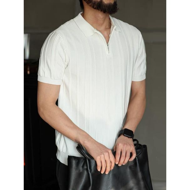 Zipper Polo Shirt Men's Short Sleeved Summer Knitted Thin Casual Versatile Trendy Fashion Slim Striped Ice Silk T-shirt_viptrois.com