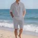 Men's Linen Long Sleeve Casual Top And Five Quarter Shorts Fashion Set_viptrois.com