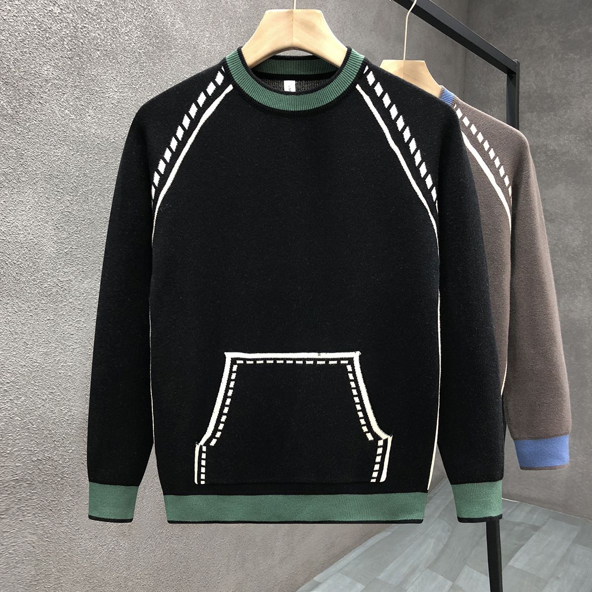 Men's Clothing Design contrast color fashion sweater men's cool knitted sweater autumn and winter new men's inner bottoming shirt_viptrois.com